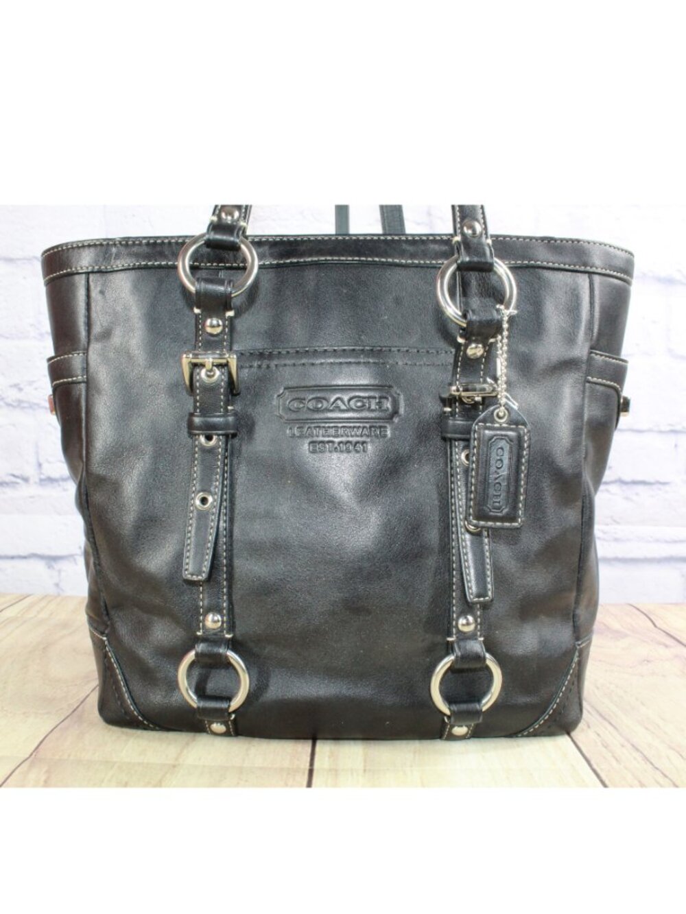 Coach Gallery Lunch Tall Tote Shoulder Bag Purse F11524 Black Leather Buckle